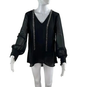 NWT Jennifer Lopez Womens M Black Sheer Blouse Rhinestone Details Bishop Sleeves